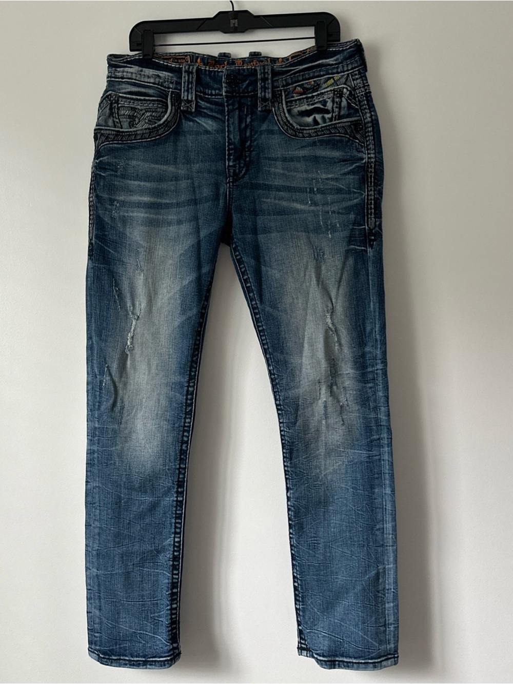 Rock Revival Men’s Jeans Brayen Alt Straight Size 34 X 31 Blue Denim Distressed